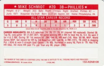 1981 Perma-Graphics All-Star Credit Cards #150-ASN8108 Mike Schmidt Back