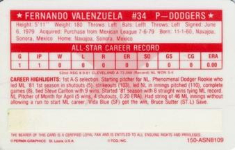 1981 Perma-Graphics All-Star Credit Cards #150-ASN8109 Fernando Valenzuela Back