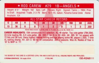 1981 Perma-Graphics All-Star Credit Cards #150-ASA8111 Rod Carew Back