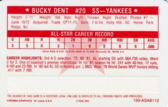 1981 Perma-Graphics All-Star Credit Cards #150-ASA8112 Bucky Dent Back