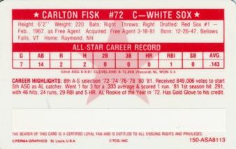 1981 Perma-Graphics All-Star Credit Cards #150-ASA8113 Carlton Fisk Back