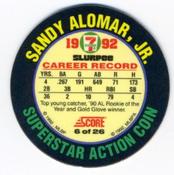 1992 Score 7-Eleven Superstar Action Coins #6 Sandy Alomar, Jr. Back