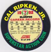 1992 Score 7-Eleven Superstar Action Coins #9 Cal Ripken Jr. Back