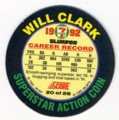 1992 Score 7-Eleven Superstar Action Coins #20 Will Clark Back