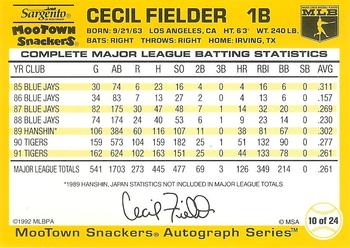 1992 MooTown Snackers #10 Cecil Fielder Back