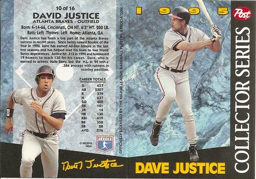1995 Post Collector Series 3x5 #10 David Justice Front
