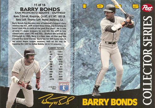 1995 Post Collector Series 3x5 #11 Barry Bonds Front
