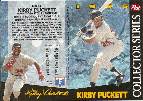 1995 Post Collector Series 3x5 #6 Kirby Puckett Front