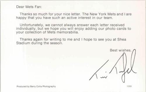 1988 Barry Colla New York Mets Postcards #1088 Tim Teufel Back