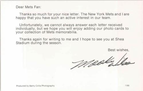 1988 Barry Colla New York Mets Postcards #1188 Mookie Wilson Back