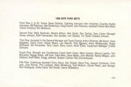 1988 Barry Colla New York Mets Postcards #1288 Team Photo Back