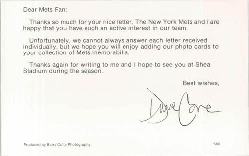 1988 Barry Colla New York Mets Postcards #1688 David Cone Back