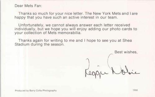 1988 Barry Colla New York Mets Postcards #1988 Reggie Dobie Back