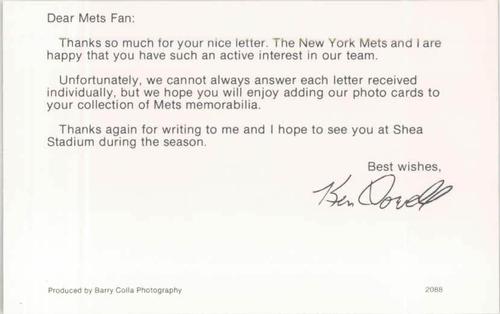 1988 Barry Colla New York Mets Postcards #2088 Ken Dowell Back