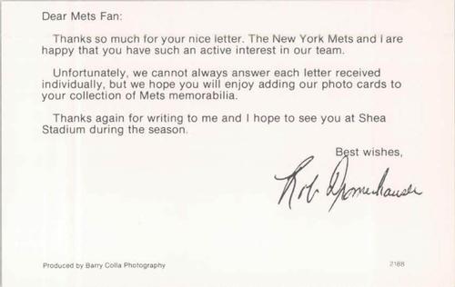 1988 Barry Colla New York Mets Postcards #2188 Rob Dromerhauser Back