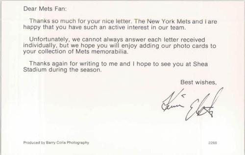 1988 Barry Colla New York Mets Postcards #2288 Kevin Elster Back