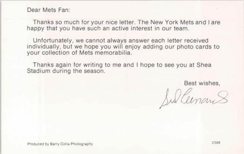 1988 Barry Colla New York Mets Postcards #2388 Sid Fernandez Back