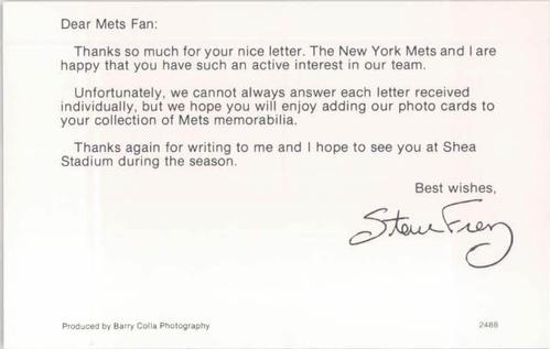 1988 Barry Colla New York Mets Postcards #2488 Steve Frey Back