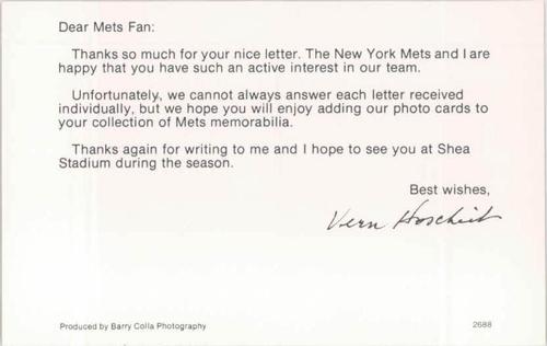 1988 Barry Colla New York Mets Postcards #2688 Vern Hoscheit Back