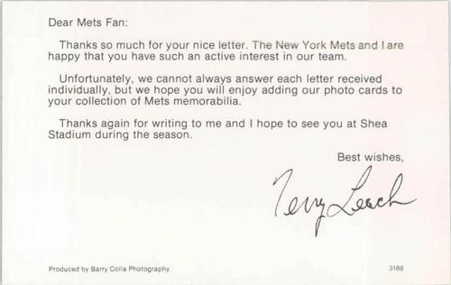 1988 Barry Colla New York Mets Postcards #3188 Terry Leach Back