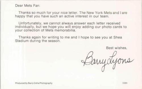 1988 Barry Colla New York Mets Postcards #3388 Barry Lyons Back