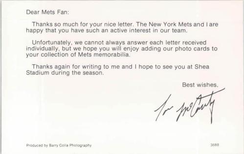 1988 Barry Colla New York Mets Postcards #3688 Tom McCarthy Back