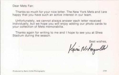 1988 Barry Colla New York Mets Postcards #3788 Kevin McReynolds Back