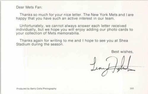 1988 Barry Colla New York Mets Postcards #388 Lenny Dykstra Back