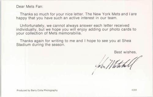 1988 Barry Colla New York Mets Postcards #4088 John Mitchell Back