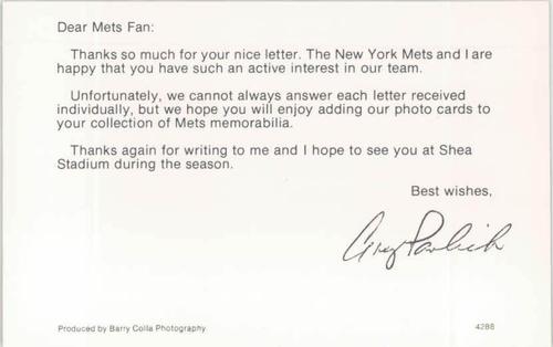 1988 Barry Colla New York Mets Postcards #4288 Greg Pavlick Back