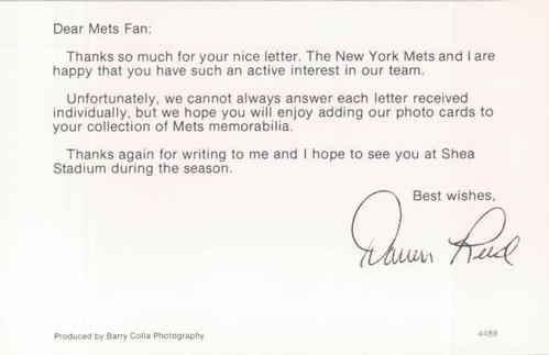 1988 Barry Colla New York Mets Postcards #4488 Darren Reed Back