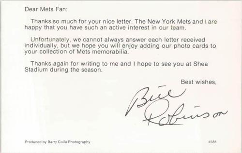 1988 Barry Colla New York Mets Postcards #4588 Bill Robinson Back