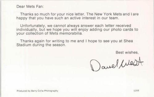 1988 Barry Colla New York Mets Postcards #5288 David West Back