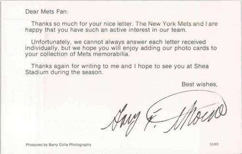 1988 Barry Colla New York Mets Postcards #5588 Gary Thorne Back