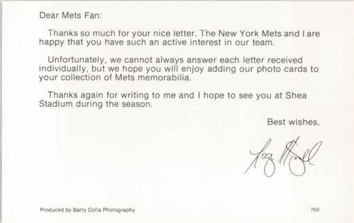 1988 Barry Colla New York Mets Postcards #788 Roger McDowell Back
