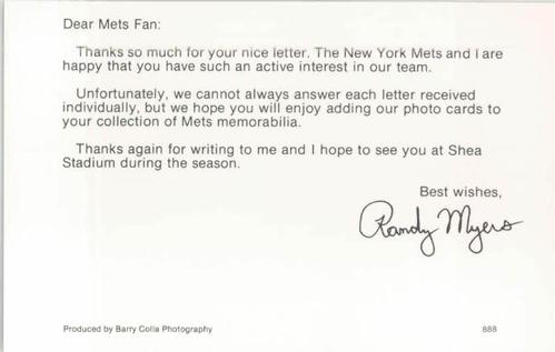 1988 Barry Colla New York Mets Postcards #888 Randy Myers Back