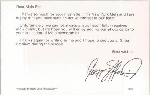 1989 Barry Colla New York Mets Postcards #1089 Gregg Jefferies Back