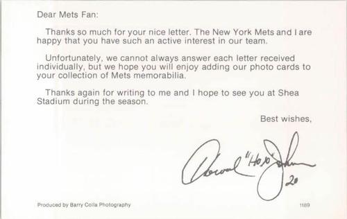1989 Barry Colla New York Mets Postcards #1189 Howard Johnson Back