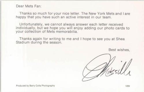 1989 Barry Colla New York Mets Postcards #1289 Lee Mazzilli Back