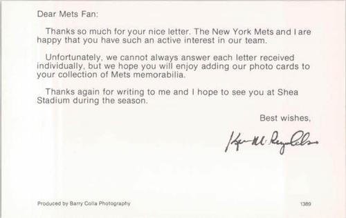 1989 Barry Colla New York Mets Postcards #1389 Kevin McReynolds Back