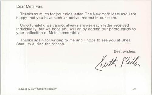 1989 Barry Colla New York Mets Postcards #1489 Keith Miller Back