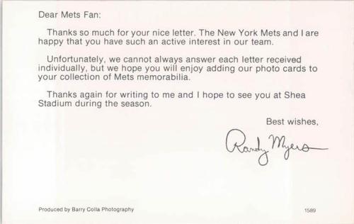 1989 Barry Colla New York Mets Postcards #1589 Randy Myers Back
