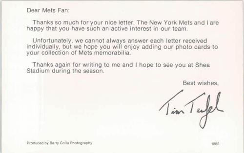 1989 Barry Colla New York Mets Postcards #1889 Tim Teufel Back