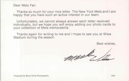 1989 Barry Colla New York Mets Postcards #1989 Mookie Wilson Back