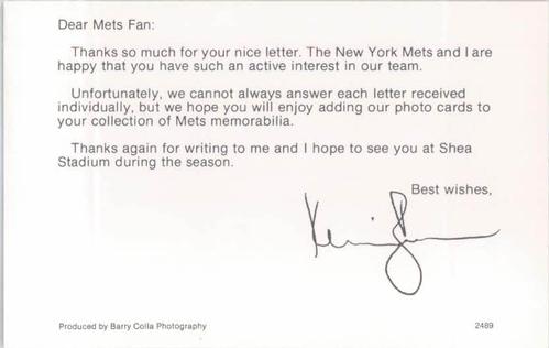 1989 Barry Colla New York Mets Postcards #2489 Kevin Brown Back