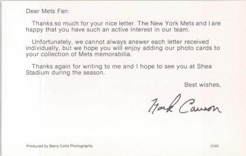 1989 Barry Colla New York Mets Postcards #2589 Mark Carreon Back