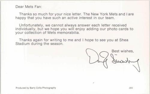 1989 Barry Colla New York Mets Postcards #289 Darryl Strawberry Back
