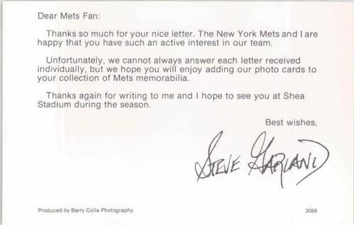 1989 Barry Colla New York Mets Postcards #3089 Steve Garland Back