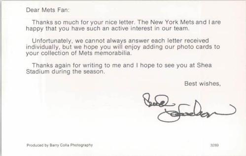 1989 Barry Colla New York Mets Postcards #3289 Bud Harrelson Back