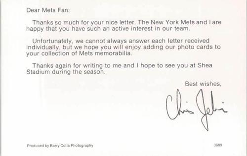 1989 Barry Colla New York Mets Postcards #3689 Chris Jelic Back
